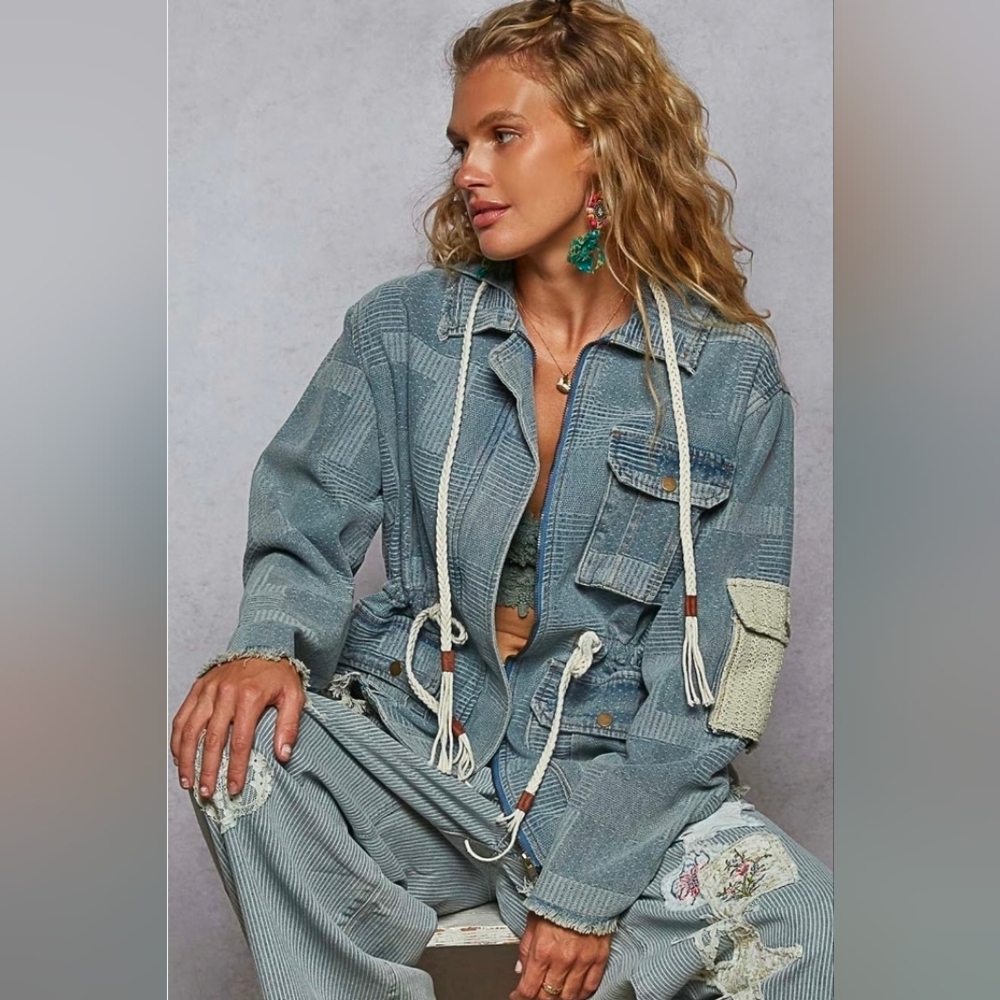 NEW!!! POL Patchwork Blue Denim Women's Jacket, Sz M - Picture 3 of 4